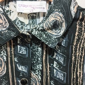 Vintage Soft Black, Cream Printed Top. Made in Canada, L or Oversized.